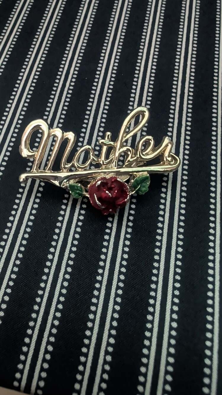 Vintage Gerry's Gold Tone Red Rose Mother Cursive Script Brooch Pin